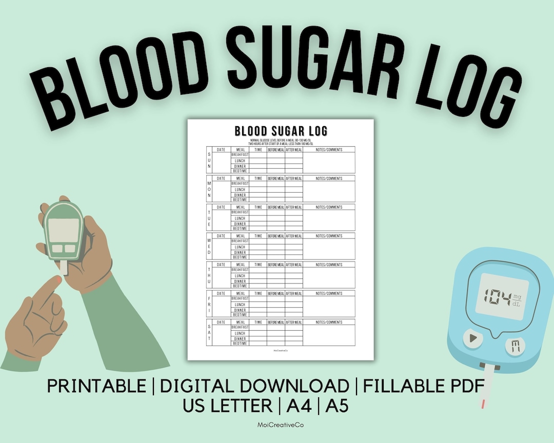 Blood Sugar Log Diabetes Log Printable Glucose Log Daily Glucose Log