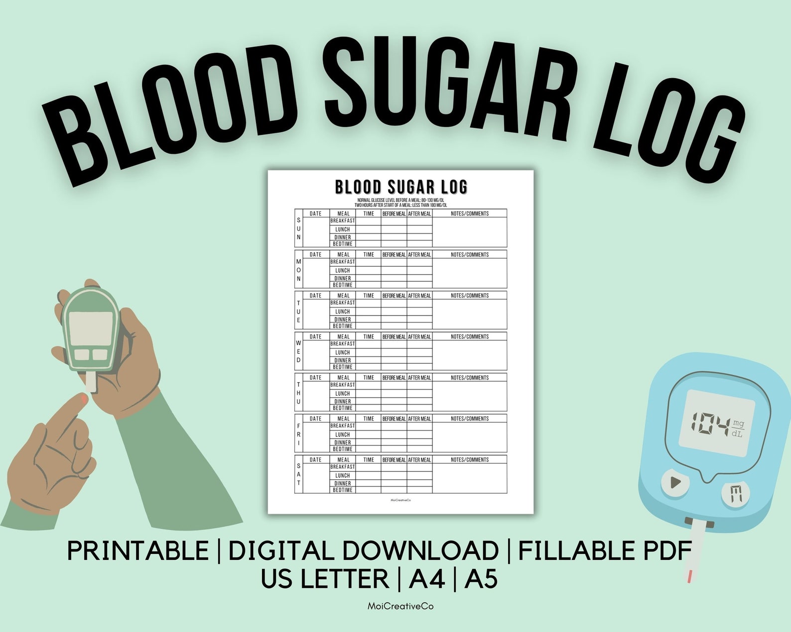 Blood Sugar Log | Diabetes Log | Printable Glucose Log | Daily Glucose ...