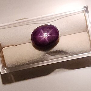 May include: A deep purple star sapphire gemstone with a six-pointed star in the center, displayed in a clear plastic box with a white velvet lining.