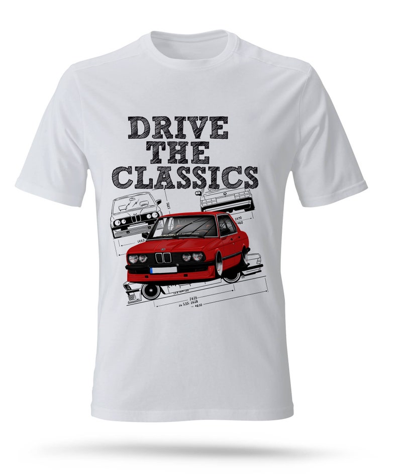 May include: White t-shirt with a red, white, and black graphic of three BMW cars. The text "DRIVE THE CLASSICS" is printed in black above the cars.