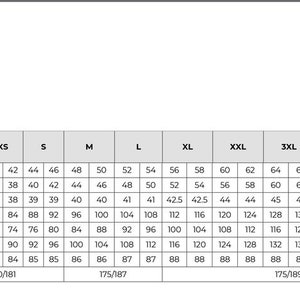 May include: A size chart for clothing with measurements in inches and centimeters. The chart includes sizes from XXS to 5XL and measurements for collar, bust, waist, hip, leg length, and height.