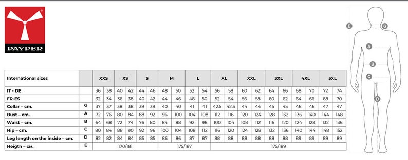 May include: A size chart for clothing with measurements in inches and centimeters. The chart includes sizes from XXS to 5XL and measurements for collar, bust, waist, hip, leg length, and height.
