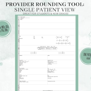Op de afbeelding: Een zwart-witte, afdrukbare medische rondetool voor een enkel patiëntbeeld. De tool is ontworpen voor studenten en pas afgestudeerden. De tekst "PROVIDER ROUNDING TOOL: SINGLE PATIENT VIEW GREAT FOR STUDENTS & NEW GRADS!" staat bovenaan de pagina. De tekst "Ideal for MDs, DOs, NPs, PAs, RNs" staat in een cirkel aan de linkerkant van de pagina. De tekst "ONE PATIENT view!" staat in een cirkel aan de rechterkant van de pagina.