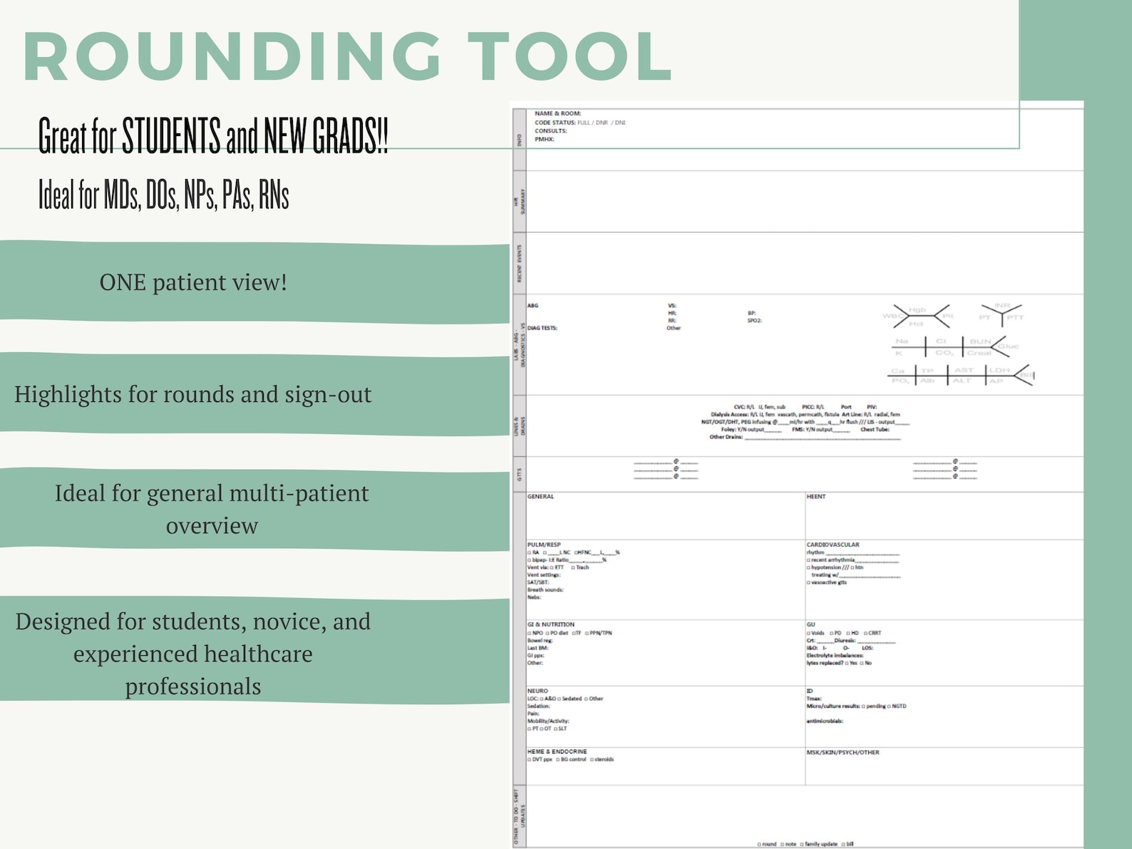 Cna Rounding Templete Provider Rounding Tool: Single Patient Template (PDF) - Etsy