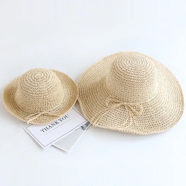 New Mum and Kid Matching Hat Summer Parent Child Crochet Hat Girl Straw Hat Casual Solid Foldable Big Brim Holiday Hats Baby Girl Beach Hat