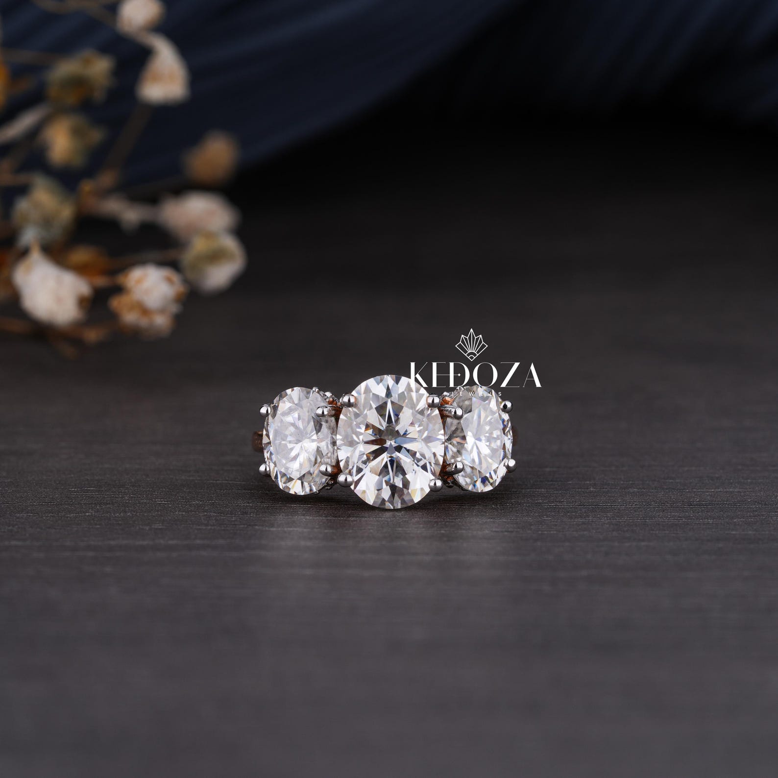 Three Stone Oval Cut Engagement Ring 10KT/14KT/18KT/925 Silver White ...