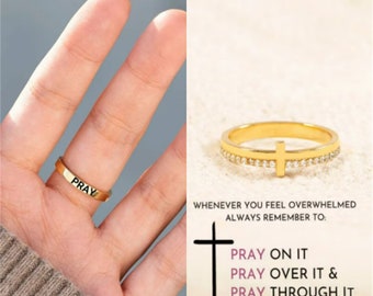 Pray Through It Minimalist Cross Ring - Religious Ring For Women Man-Christian Gifts -Prayer Ring-Unique Birthday Gift For Daughter Mom Nana