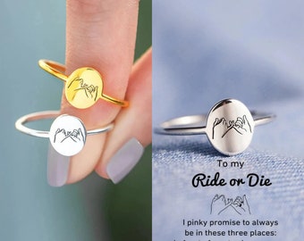 To My Ride Or Die Pinky Promise Ring - Anillo de plata de ley - Anillo de oro de 18K - Regalo de dama de honor - Regalo de amistad - Regalo de cumpleaños del mejor amigo