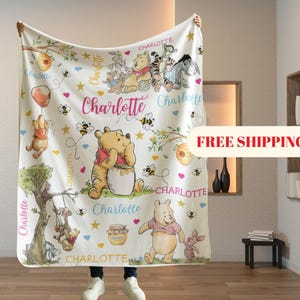 Personalized Watercolor Winnie the Pooh blanket, Pooh Bear and friends blanket, Birthday gift for her/him, Kids Adults blanket