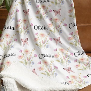 Pretty Wildflower Floral Personalized Baby Girl Name Blanket, Shower Gift, kids blanket