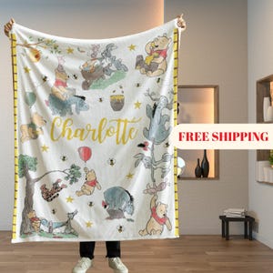 Personalized Watercolor Winnie the Pooh blanket, Pooh Bear and friends blanket, Birthday gift for her/him, Kids Adults blanket
