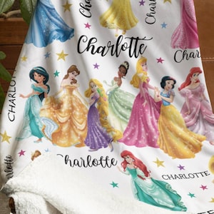 Personalized Watercolor Disney Princess Blanket, Custom Name Baby Girl Blanket, Disney Princess Birthday Girl Gift, WDW Disneyland Princess