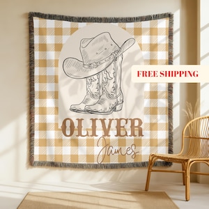 Personalized Cowboy Woven Baby Blanket, Western Cowboy Boys Blanket, Heirloom Blanket, Newborn Name Blanket, Baby Name Woven Throw Blanket
