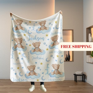 Personalized Teddy Bear Blanket, Baby Shower Gift, Custom Teddy Bear Nursery Decor, Gender Neutral, The Cooper
