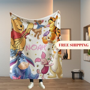 Personalized Watercolor Winnie the Pooh blanket, Pooh Bear and friends blanket, Birthday gift for her/him, Kids Adults blanket