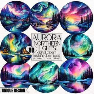 80x Clipart Aurora Borealis Clipart Northern Lights Sky Clipart Beautiful Nature Clipart Unique Design Clouds Clipart Night Sky Watercolor