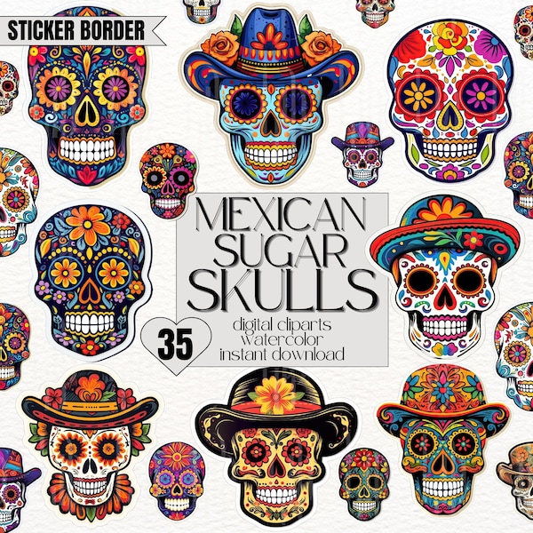 35 x Clipart tête de mort mexicaine Clipart tête de mort colorée Clipart tête de mort en sucre Clipart Halloween tête de mort colorée Clipart Calavera autocollant