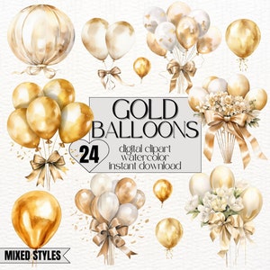 24x Clipart Balloons Bunch Gold Ballon Clipart Watercolor Balloon Flowers Clipart Wedding Balloons Gold Wedding Balloon Clipart Balloons