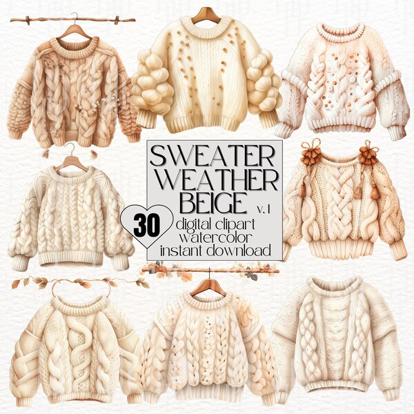 30x Clipart Beige Sweater Watercolor Clipart Autumn Watercolor Fall Clipart Sweater Weather Clipart Chunky Winter Sweater Cozy Fall Spring