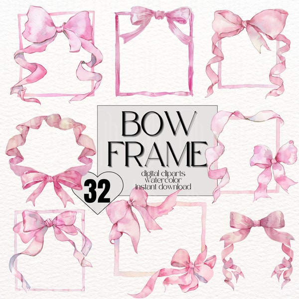 35x Clipart Bow Frame Clipart Pink Bow Square Frame Clipart Wreath Bow Watercolor Pink Bow Decoration Clipart Pastel Frame Circle Bow