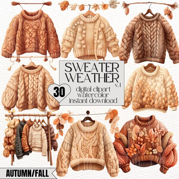 30x Clipart Fall Sweater Watercolor Clipart Autumn Watercolor Fall Clipart Sweater Weather Clipart Chunky Sweater Earth tones Clipart