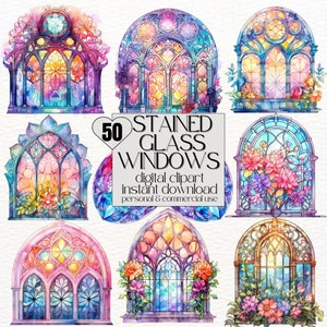 50x Clipart Stained Glass Window Clipart Stained Window Clip Art Card Making Watercolor Window Clipart Colorful Stained-Glass Birthday