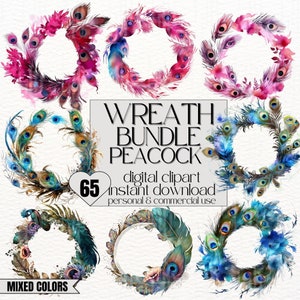 BUNDLE 65x Clipart WREATH PEACOCK Theme Watercolor Clipart Wreath Feather Peacock Clipart  Green Pink Blue Frame Clipart Feather