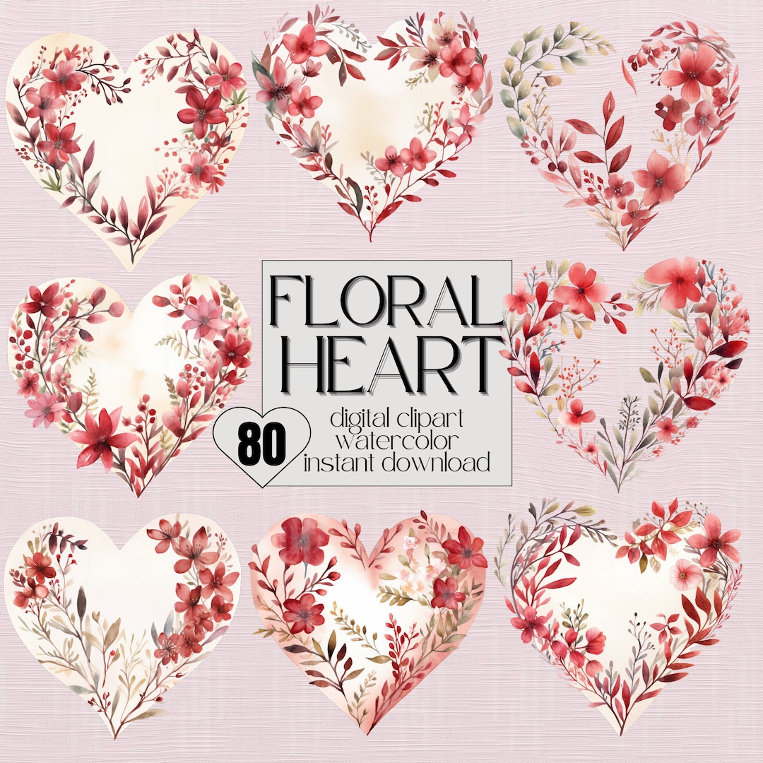 80x Clipart Floral Heart Watercolor Clipart Watercolor Florwers Heart ...