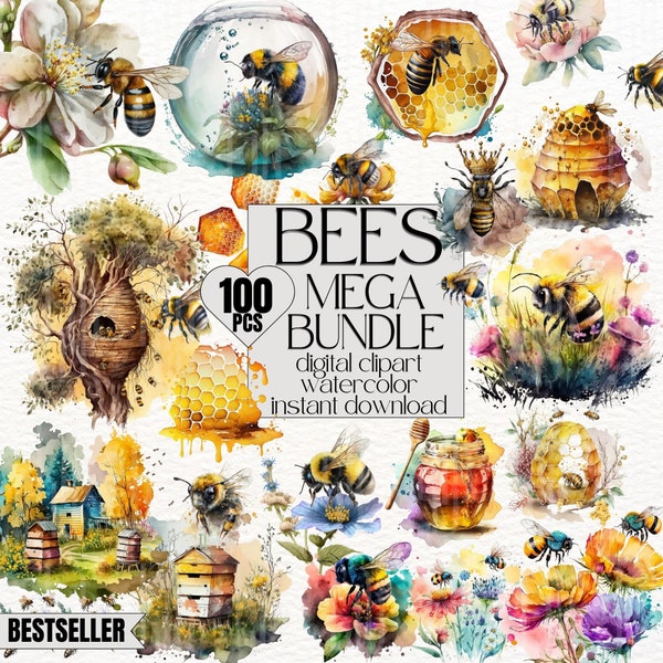 BUNDLE! 100x Clipart Watercolor Bees Honey Clipart Bumblebee Bee Hive Clipart Beehive Bees Flowers Clipart Honeycomb Honey Clipart Honeybee
