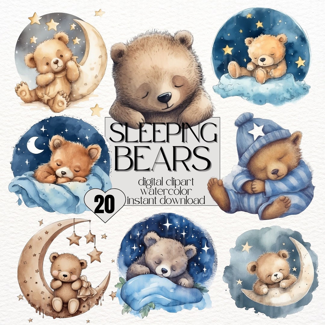 20x Clipart Cute Bear Nap Watercolor Clipart Cute Nursery Bear Napping