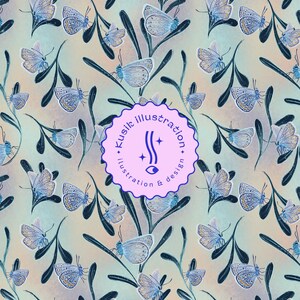 May include: A seamless pattern featuring blue butterflies with brown and white markings on a light blue and peach background with dark green leafy vines.