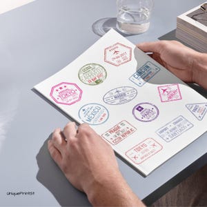 Passport Stamps Travel Stickers: Scrapbook, Planner, Journal (PNG Digital Download)