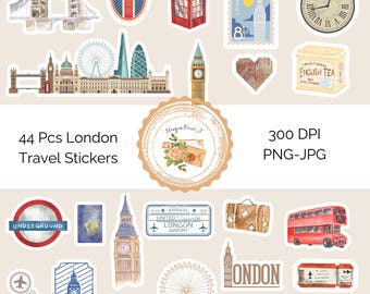 Retro London Reise Sticker Set: Journaling (44 Stück) (Digitaler Download)