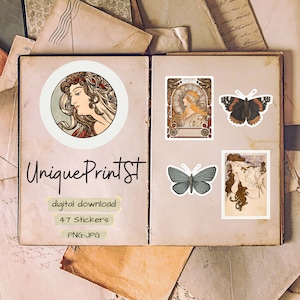 Vintage Women Stickers, Art Nouveau, 47 Aestetich Sticker Designs Bundle, Digital Scrapbook Kit, Printable Alphonse Maria Mucha Stickers