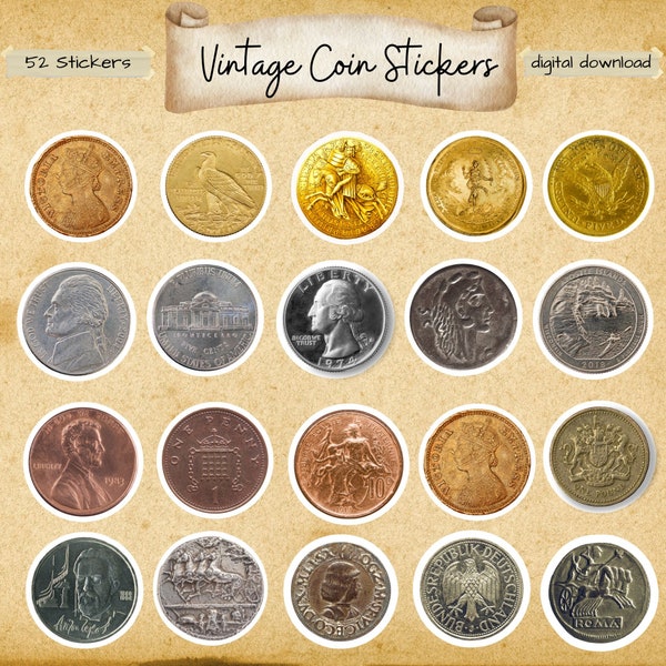 Antique Coin Stickers ,Coin Scrapbook Stickers,Collectible Coin Stickers,52 Vintage Coin Sticker Desings Bundle,Printable Old Money Stickers