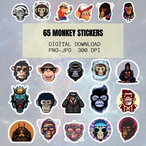 Cool Monkey Printable Stickers, Angry Monkey Clipart, 65 Colourful Monkey Stickers for Laptop, Digital Cute Monkey Stickers,Digital Download