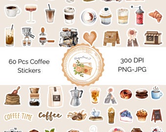 Printable Coffee Stickers: Vintage Style, Autumn Sticker Sheet 70 Pcs (Printable Digital Download)