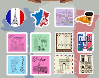 France Stickers, Paris France Stickers, Paris Printable Stickers, 58 France Sticker Desings Bundle, Travel Stickers, Vintage France Stickers