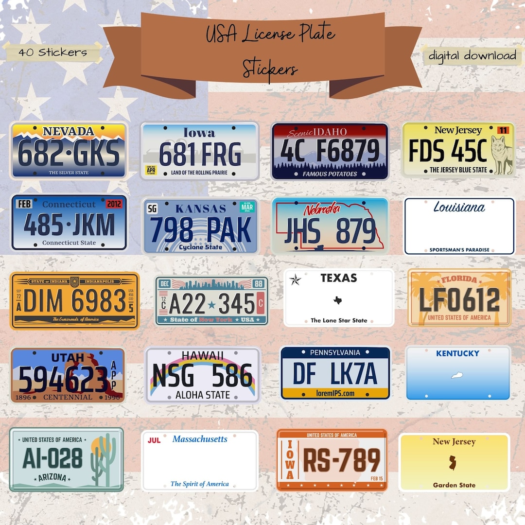 USA License Plate Printable Stickers, 40 Lisence Plates From Different ...