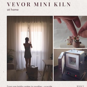 Pode incluir: Um mini forno Vevor para uso doméstico, com exterior metálico, porta frontal e painel de controlo digital. A imagem inclui o texto FIRING THE VEVOR MINI KILN at home e From one hobby potter to another - a guide to firing low fire clay with pyrometric cones por JENN T.