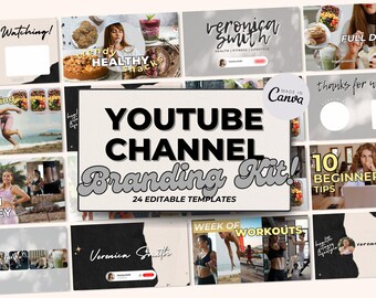 Può includere: Un kit di branding per canale YouTube con 24 modelli modificabili. Il kit include una varietà di design con una donna, spuntini sani e immagini di allenamento. Il testo "YouTube Channel Branding Kit!" è in grandi caratteri grassetto. Il testo "24 Editable Templates" è in caratteri più piccoli sotto il titolo principale.