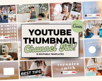 May include: A collage of 15 YouTube thumbnail templates with various themes, including daily vlogs, travel, morning routines, and best tips. The templates feature colorful backgrounds, text overlays, and images of people.
