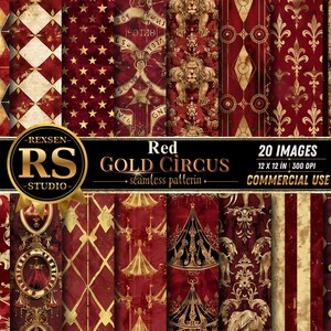Papeles Digitales Circo Rojo y Dorado, Patrones de Carnaval Vintage Seamless, Fondos Retro de Lujo JPG