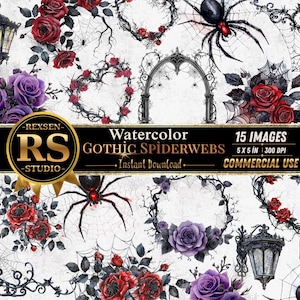 Puede incluir: Una colección digital de 15 imágenes en acuarela de telarañas góticas con arañas negras, rosas rojas y moradas, faroles de hierro ornamentados y arcos. El texto dice REXSEN RS STUDIO, Watercolor GOTHIC SPIDERWEBS, 15 IMAGES, 5 X 5 IN, 300 DPI, COMMERCIAL USE, Instant Download.