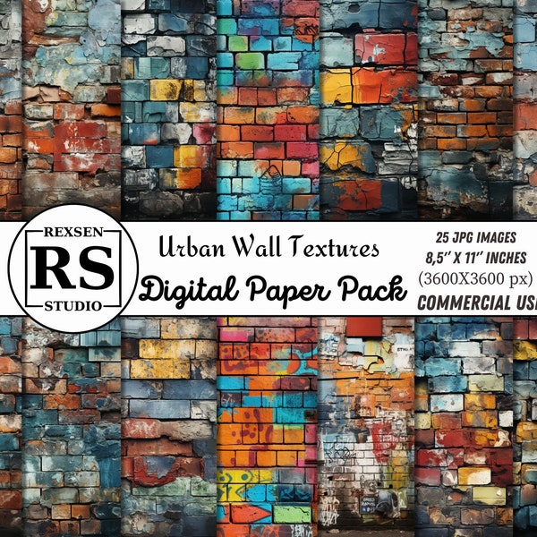 Urban Wall Textures Digital Paper, graffiti brick wall digital paper printable scrapbook paper backgrounds