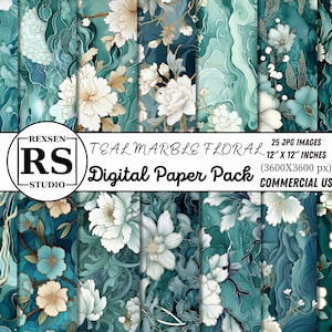 Teal Marble Floral Digital Paper - japanische Muster, nahtlos bedruckbares Sofort-Download druckbares Scrapbook-Papier für den kommerziellen Gebrauch