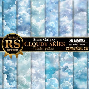Pode incluir: Uma coleção de 20 padrões digitais sem costura apresentando céus nublados azuis com estrelas espalhadas e elementos de galáxias. Uma faixa preta no centro exibe o texto REXSEN RS STUDIO Stars Galaxy CLOUDY SKIES 20 IMAGES 12 X 12 IN 300 DPI.