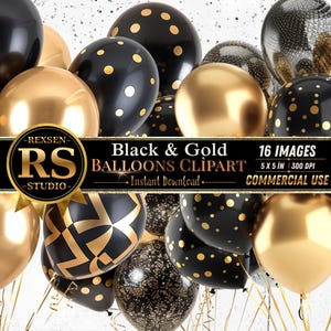Könnte beinhalten: Eine Sammlung von schwarzen und goldenen Luftballons mit einfarbigen Metallic-Oberflächen, Punktmustern und Glitzertexturen. Ein zentrales schwarzes Banner zeigt den Text REXSEN RS STUDIO Black & Gold BALLOONS CLIPART 16 IMAGES 5 X 5 IN 300 DPI.