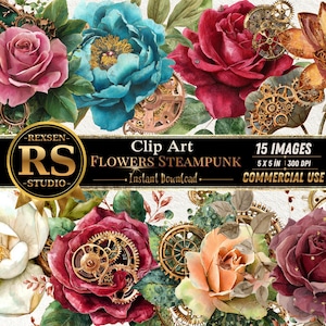 Könnte beinhalten: Eine digitale Sammlung von 15 Steampunk-Blumen-Cliparts mit Rosen, Pfingstrosen und Lotusblüten, kombiniert mit metallischen Zahnrädern. Der Text lautet REXSEN RS STUDIO, Clip Art, FLOWERS STEAMPUNK, 15 IMAGES, 5 X 5 IN, 300 DPI, COMMERCIAL USE, Instant Download.