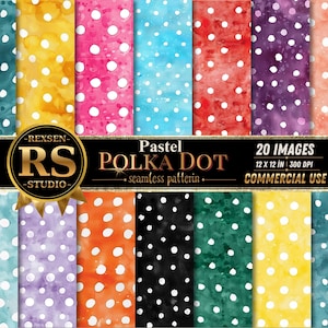 Puede incluir: Una colección de 20 imágenes pastel con lunares. Las imágenes presentan una variedad de colores, incluyendo turquesa, amarillo, rosa, azul, rojo, morado y naranja, cada una con lunares blancos. El texto de la imagen dice "Pastel Polka Dot" y "Commercial Use".